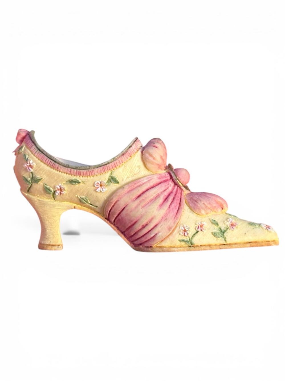 Vintage Shoe Brooch Pink Floral Carved Celluloid Style Heeled Shoe Cottagecore